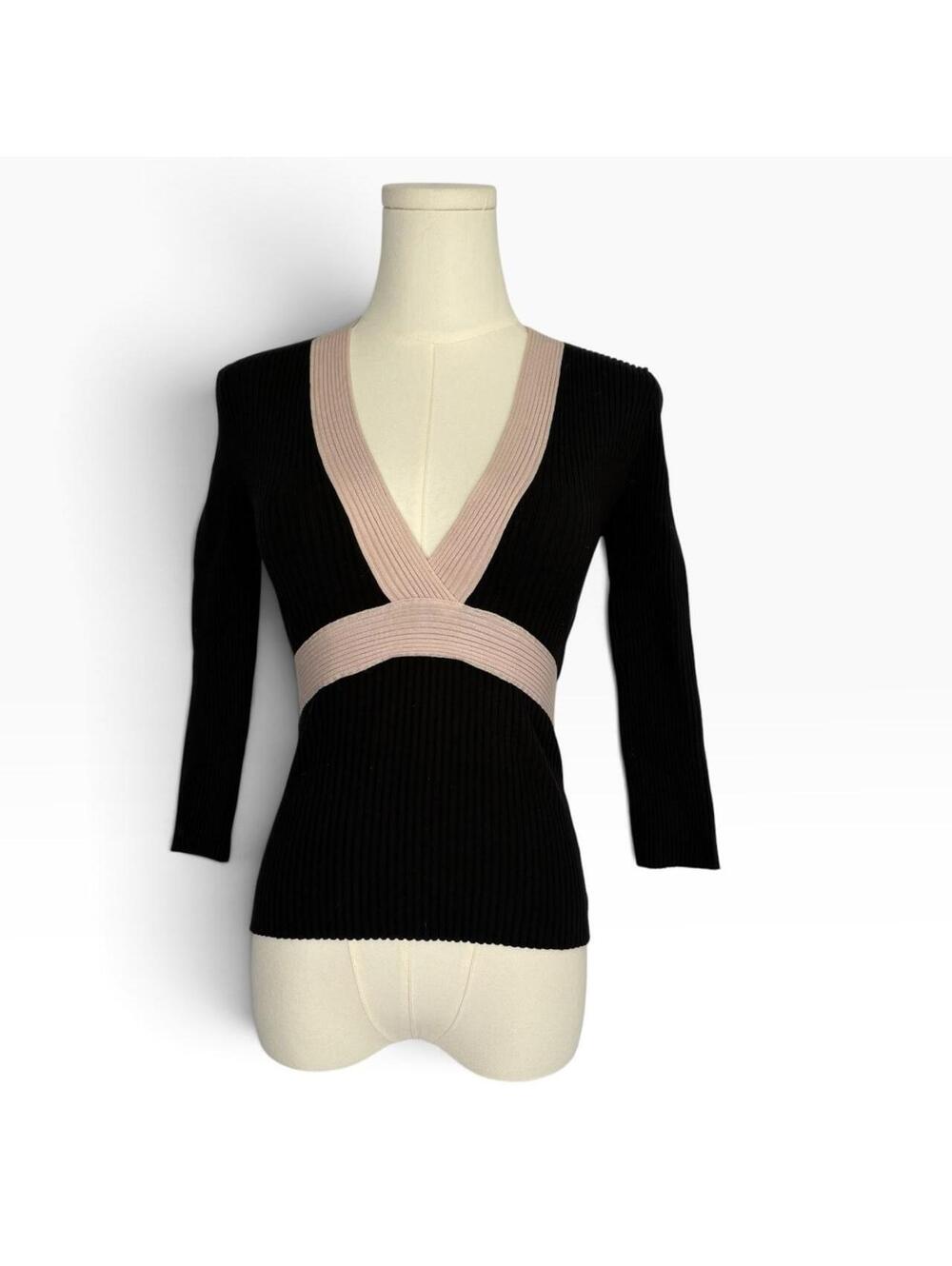 Black & pink silk & polyester ribbed knit top with pink trim